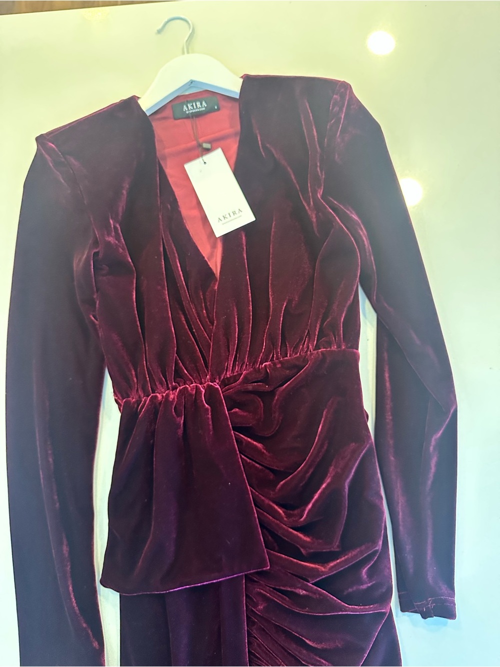 AKIRA Velvet Ruched Mini Dress in Deep Wine - Picture 7 of 9